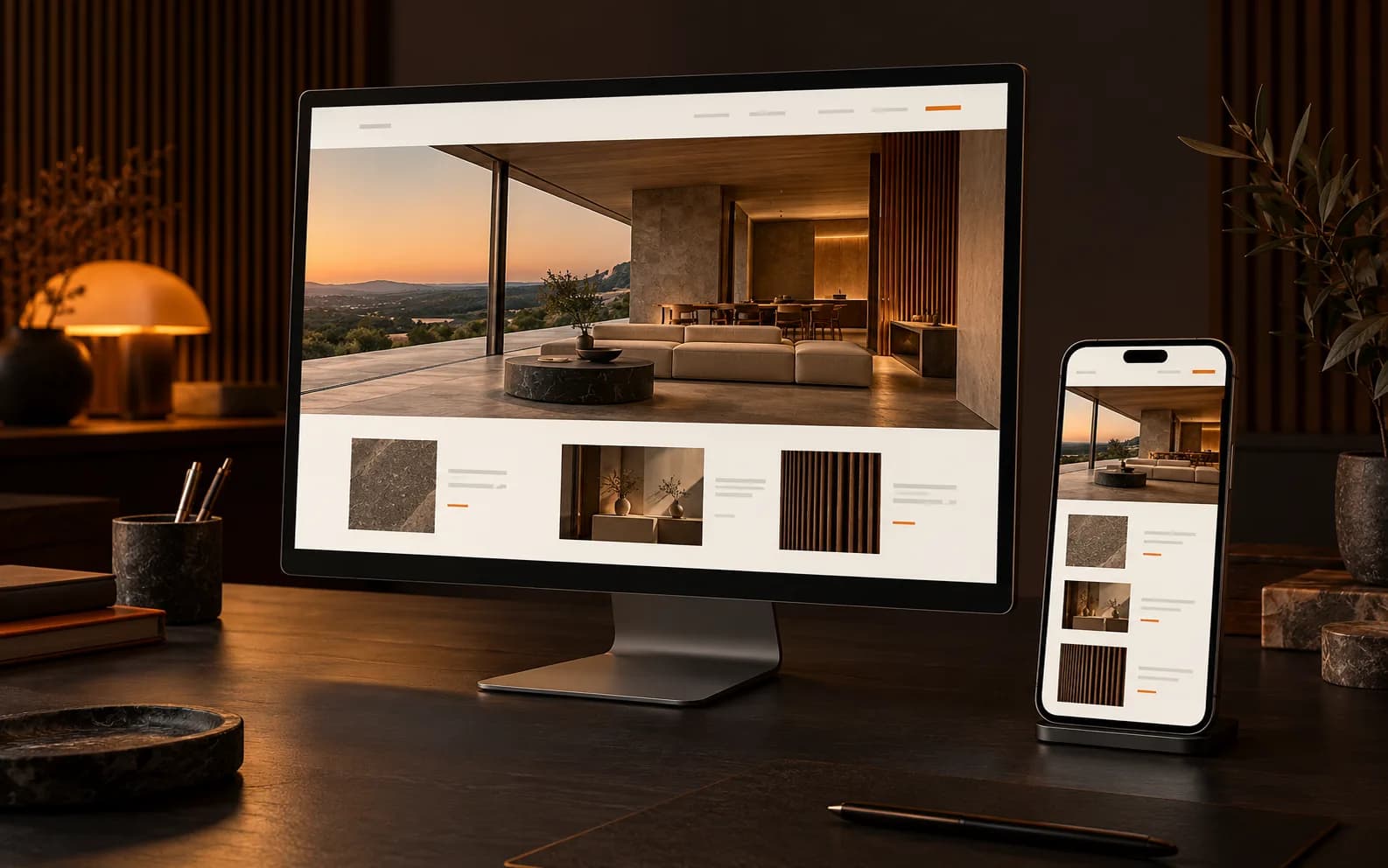 Website conceptual apresentado num monitor e num telemóvel, numa secretária com iluminação quente