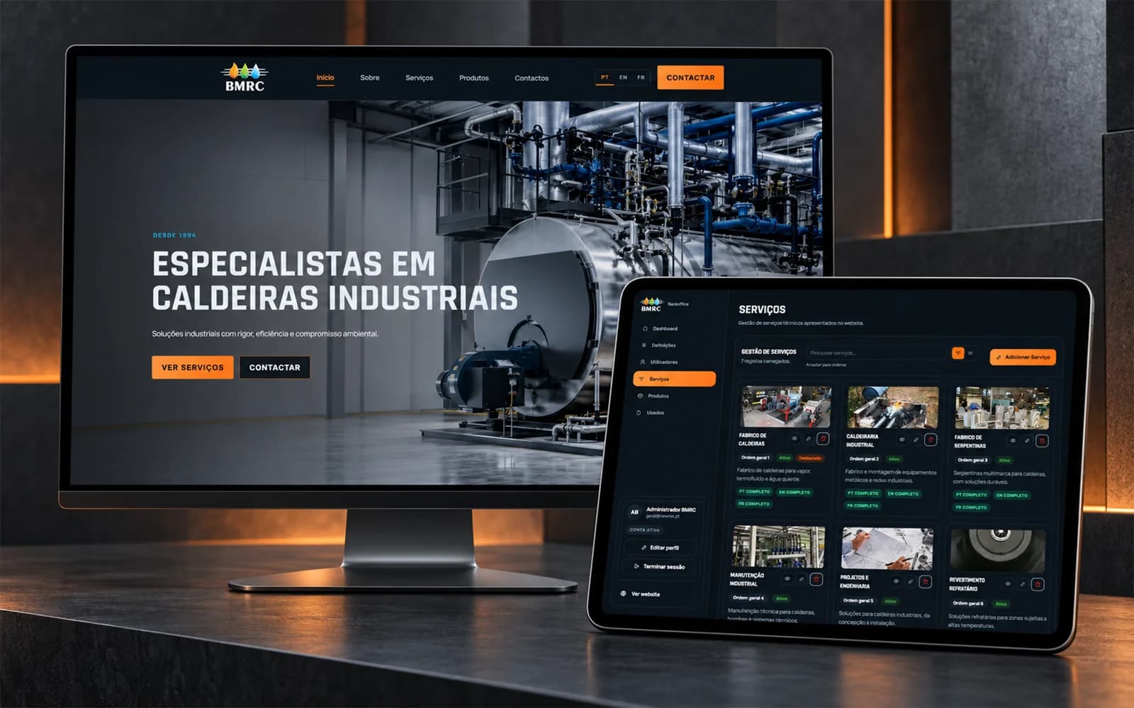 Mockup do website e backoffice da BMRC, apresentado em monitor e iPad